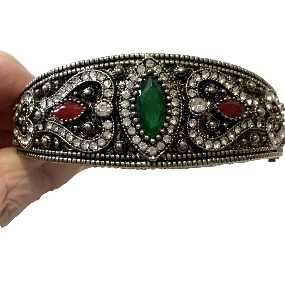 Indian Style Clamper Bracelet Antiqued Silver Tone Filigree Faux Gemstone 6.75"